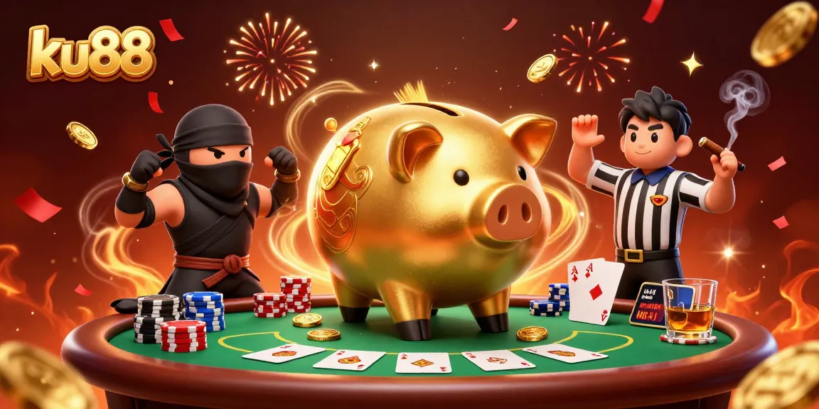Engage with ku88's vibrant casino showdown featuring a piggy bank sumo wrestler and a wallet ninja.