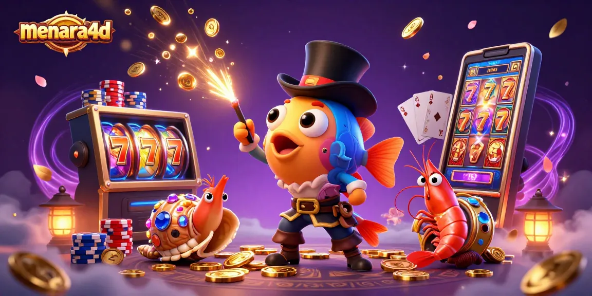 Menara4d menarik emas dan permata dengan ikan pemancing dan karakter unik dalam permainan slot yang penuh warna