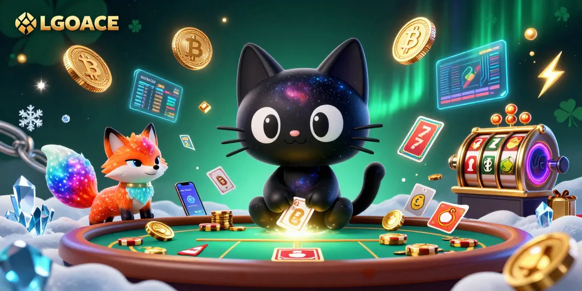 LGOACE features a cosmic casino scene with a black hole cat attracting golden chips and a colorful nebula fox.