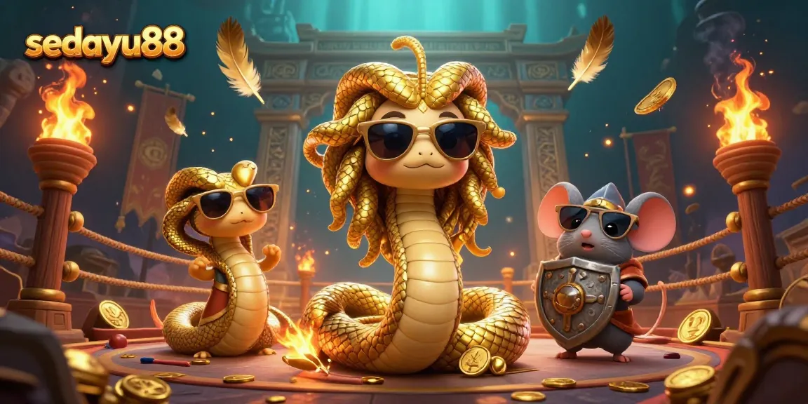 Sedayu88 offers thrilling casino adventures with friendly Medusa and warrior mouse in an energetic scene.