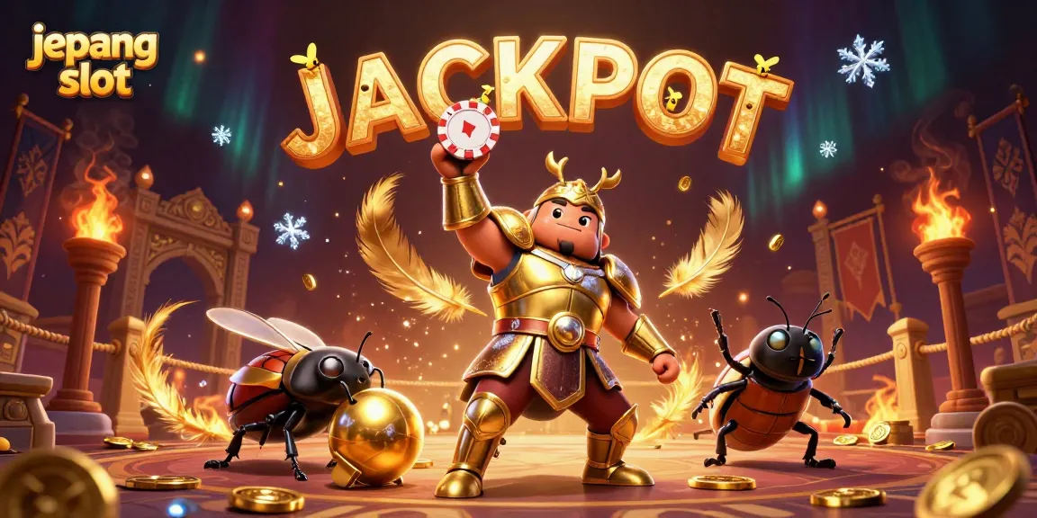 Experience the thrill of jepang slot with a victorious cartoon beetle amidst a dynamic casino scene.