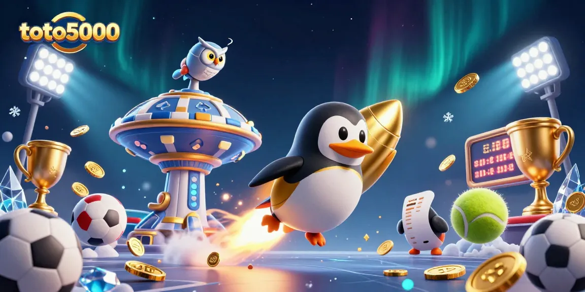 Win big with toto5000 in this captivating casino-themed illustration featuring a rocket-powered penguin.