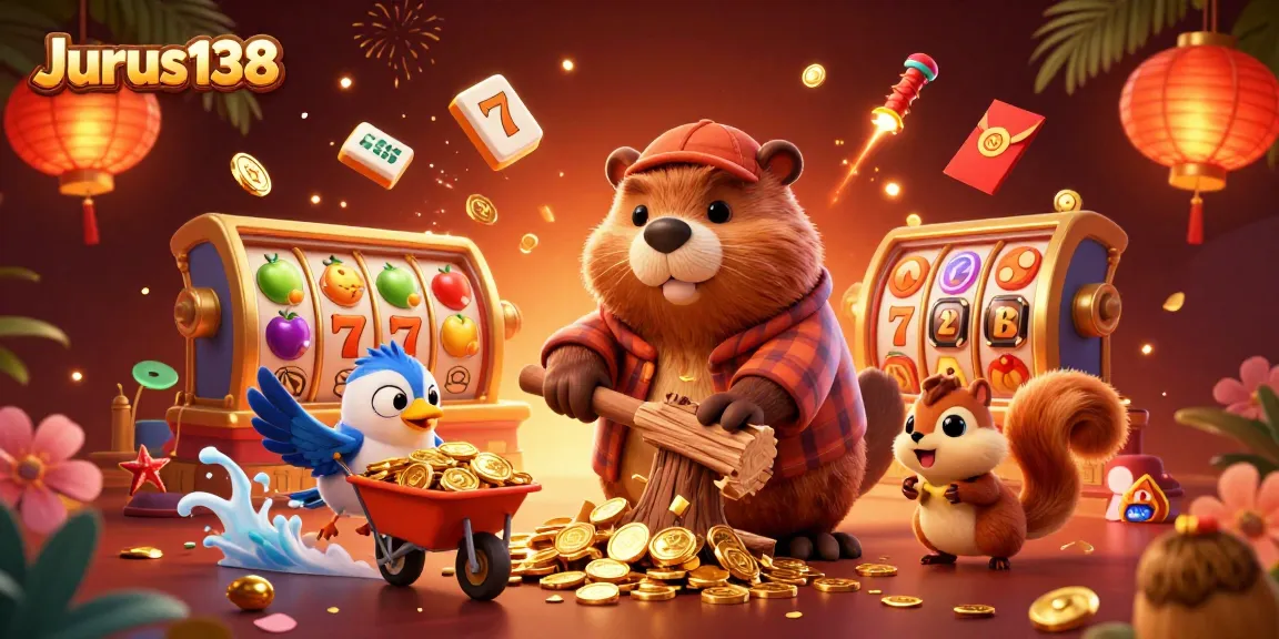 Jurus138 offers a vibrant scene with characters playing slots and collecting gold coins.