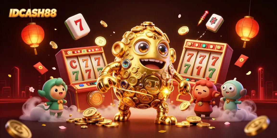 Experience thrilling slot action with IDCASH88's dynamic casino illustration showcasing excitement and vibrant game elements.