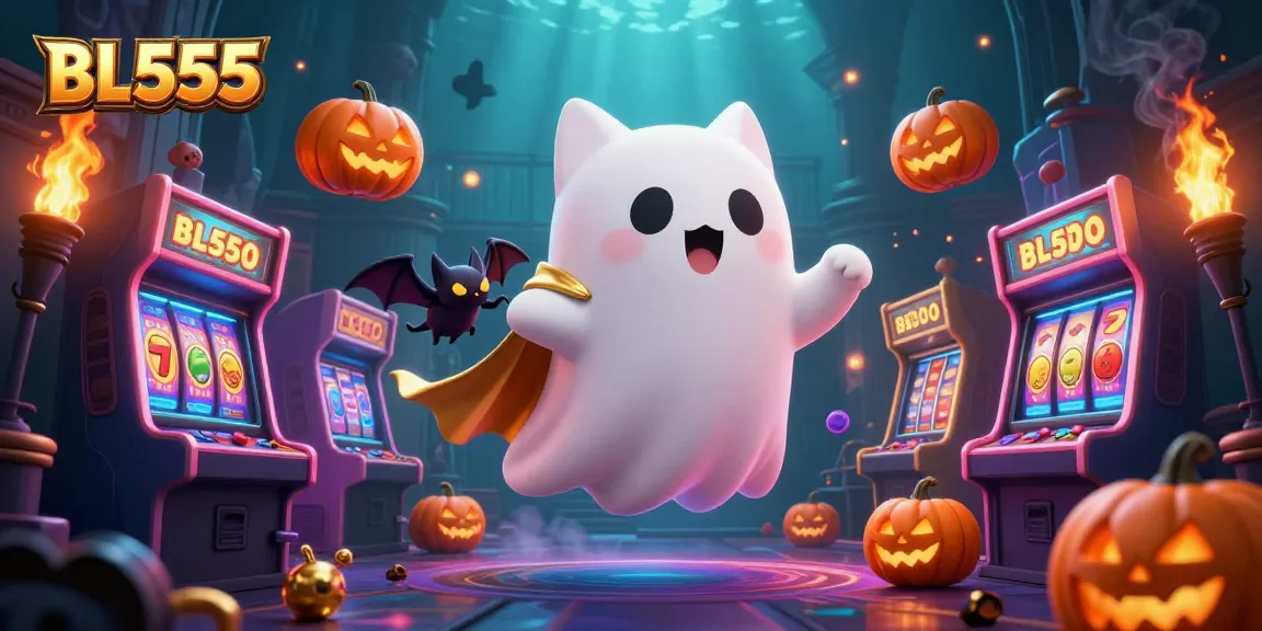 Join the fun at BL555 with a ghost cat, a bat companion, and glowing gambling elements in a haunted casino.