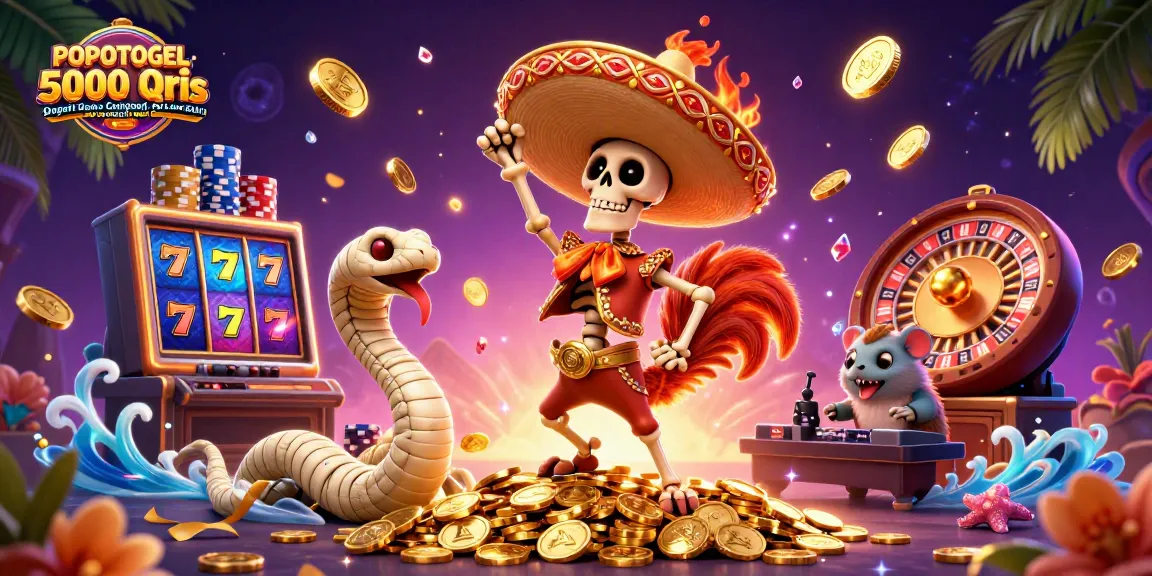 Experience POPOTOGEL Situs Slot Gacor 5000 Qris Deposit Dana Gampang Jp x1000 Hari In with vibrant casino-themed illustration.