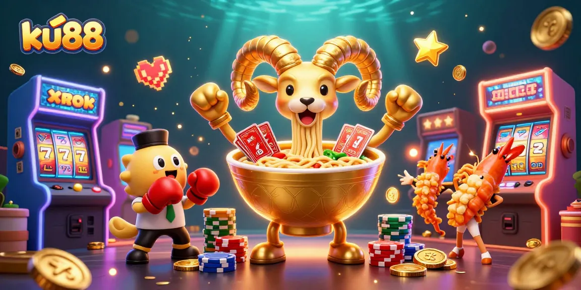 Engage with ku88's colorful 3D casino theme featuring a ramen bowl character and slot machines.