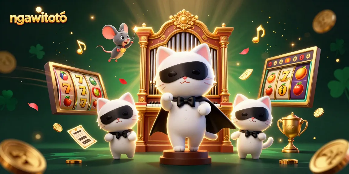 Menang besar di ngawitoto dengan kucing putih 3D yang menawan dan simbol slot ceria di tengah suasana kasino yang megah.