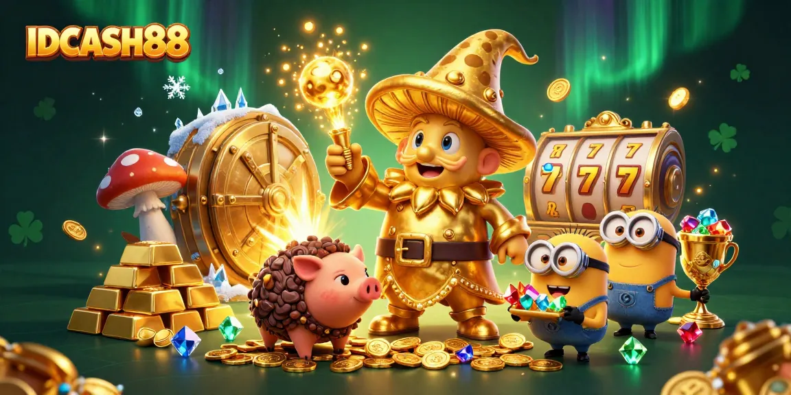 Spin to win with IDCASH88 featuring a magical wizard in a vibrant casino realm full of treasure.
