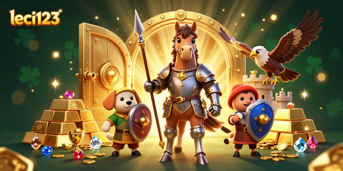 Experience thrilling gameplay with leci123, featuring a knight, puppy, and falcon amidst golden treasures.
