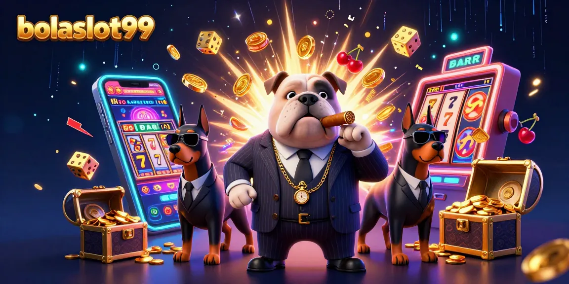 Bolaslot99 showcases a thrilling scene with a mafia bulldog enjoying a slot machine jackpot.