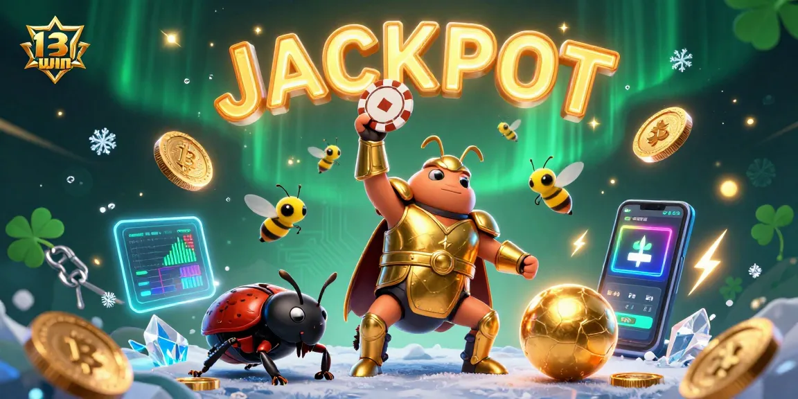 Experience the thrill of 13win as a hercules beetle triumphantly raises a poker chip amidst exciting casino elements.