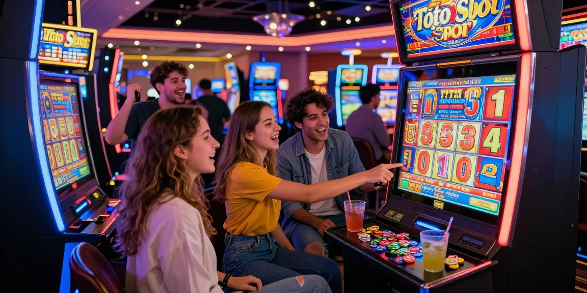 Group celebrating at a "Toto Slot" machine, showcasing excitement and casino fun.
