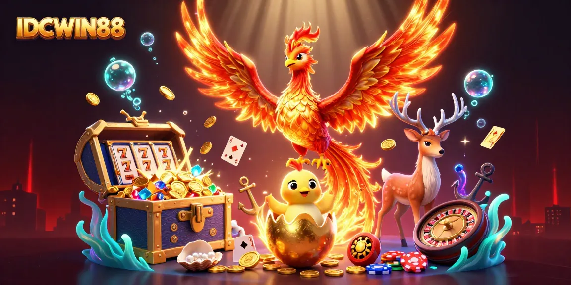 Experience the thrill of IDCWIN88 with a vibrant illustration of a phoenix, gaming elements, and dynamic colors.