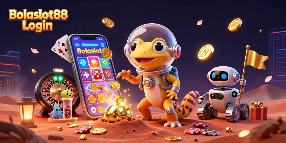 Bolaslot88 Login showcases an adventurous Martian gecko in a golden casino, revealing exciting slot game wins.