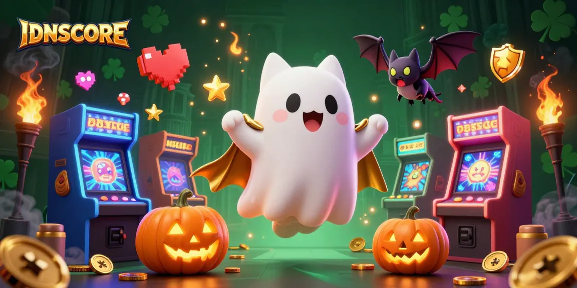 Experience thrilling gaming with IDNSCORE's vibrant ghost cat and vampire bat in a haunted casino scene.