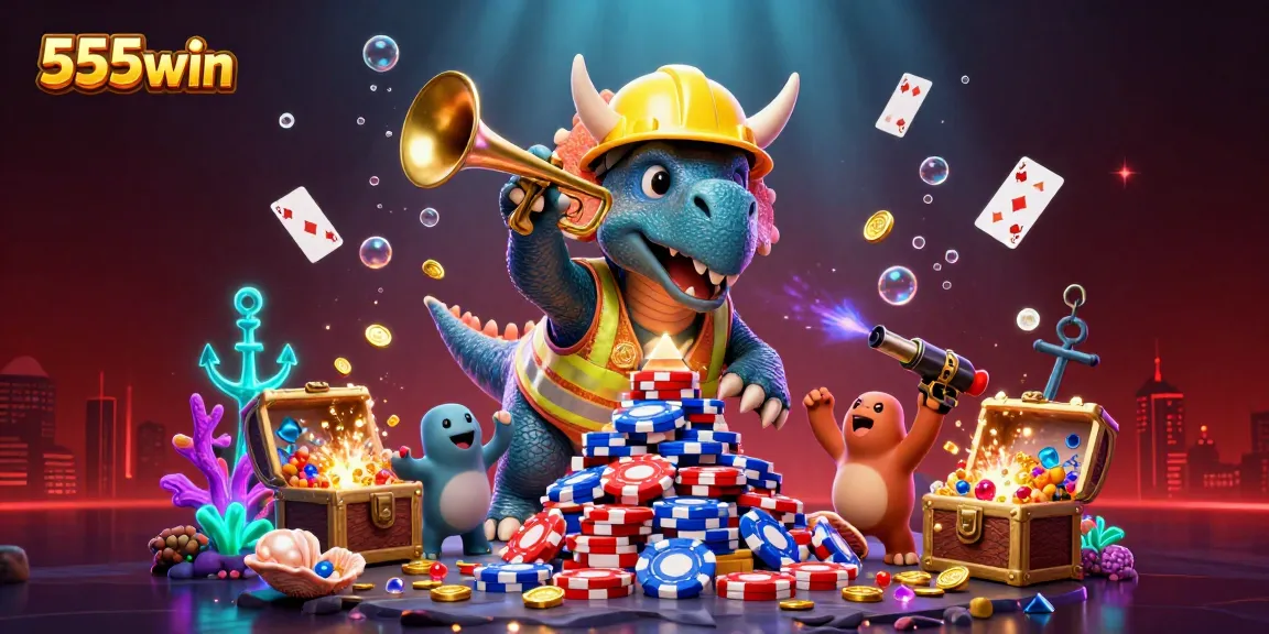 Experience thrilling gameplay with 555win as a triceratops builds poker chip pyramids amidst stunning underwater treasures.