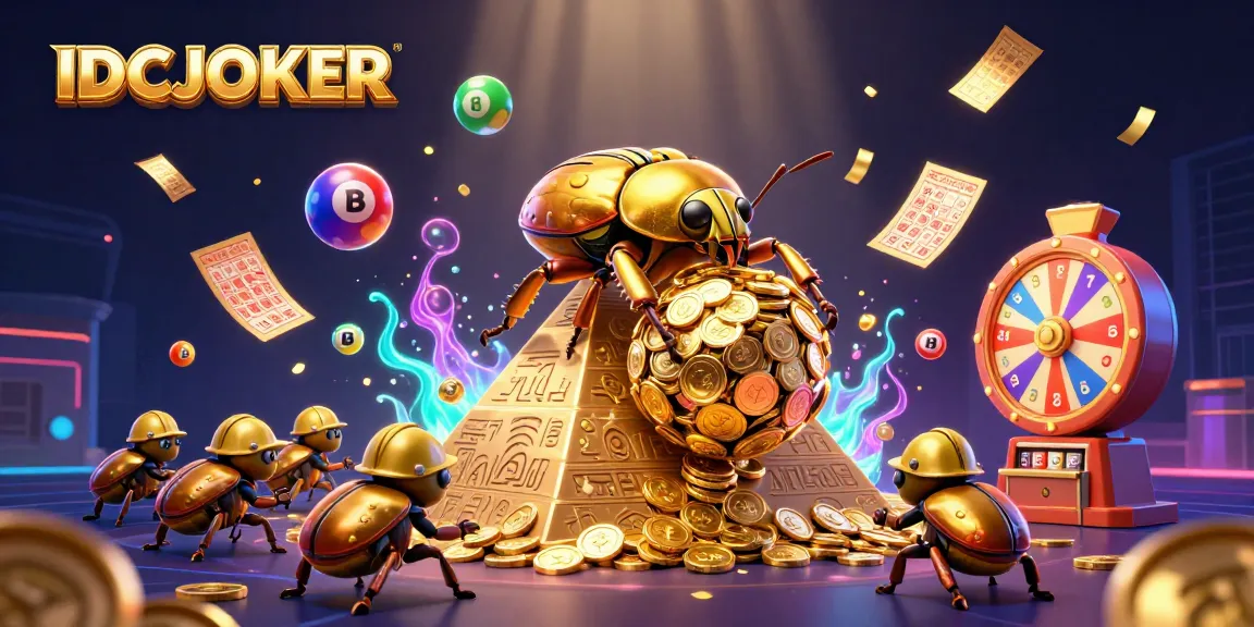 IDCJOKER enhances gaming with a vibrant scene of golden beetles, lottery balls, and casino symbols.